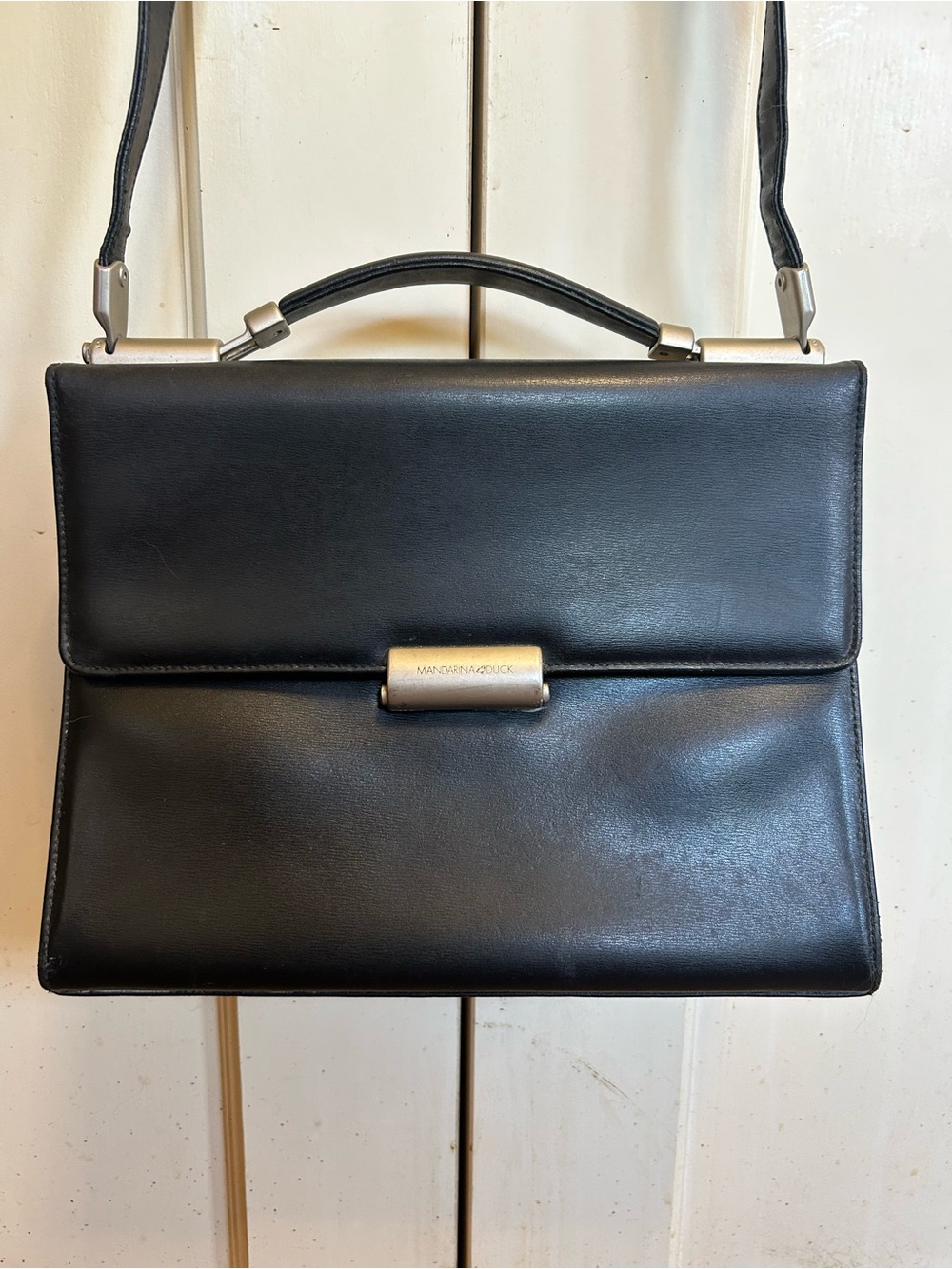 VTG Mandarina Duck Black Leather Hera Structured Top-Handle Satchel
